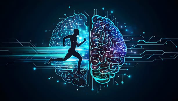 abstract brain split into two halves, one side athletic motion, the other side neural network