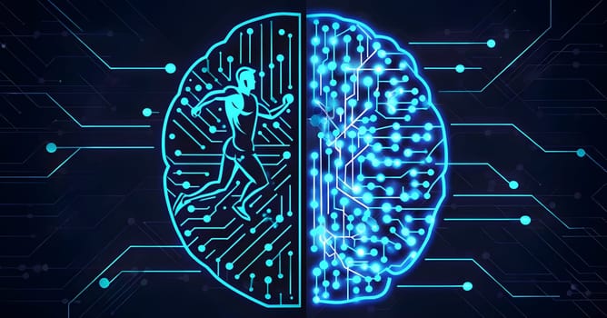 abstract brain split into two halves, one side athletic motion, the other side neural network