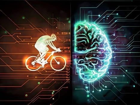 abstract brain split into two halves, one side athletic motion, the other side neural network