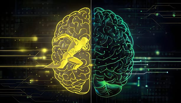 abstract brain split into two halves, one side athletic motion, the other side neural network