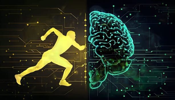 abstract brain split into two halves, one side athletic motion, the other side neural network