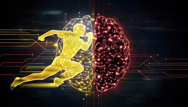abstract brain split into two halves, one side athletic motion, the other side neural network