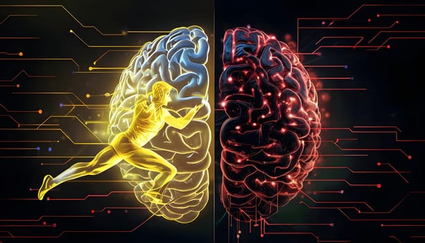 abstract brain split into two halves, one side athletic motion, the other side neural network