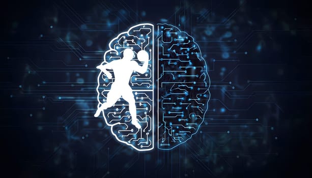 abstract brain split into two halves, one side athletic motion, the other side neural network