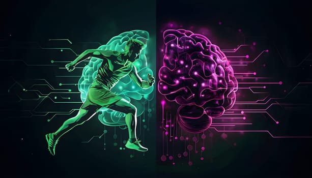 abstract brain split into two halves, one side athletic motion, the other side neural network