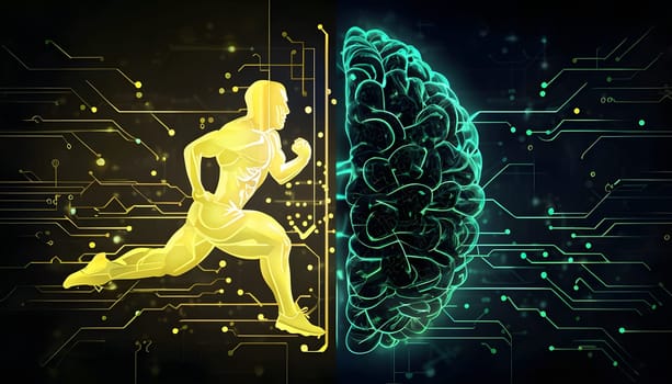 abstract brain split into two halves, one side athletic motion, the other side neural network