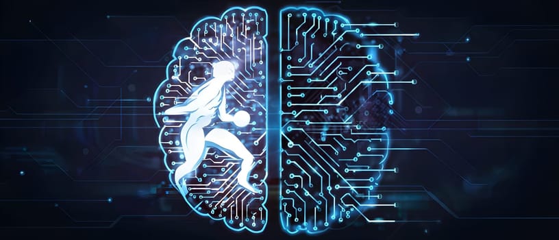 abstract brain split into two halves, one side athletic motion, the other side neural network