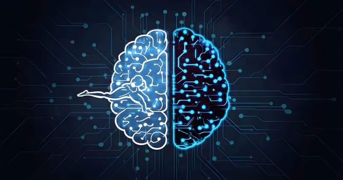 abstract brain split into two halves, one side athletic motion, the other side neural network