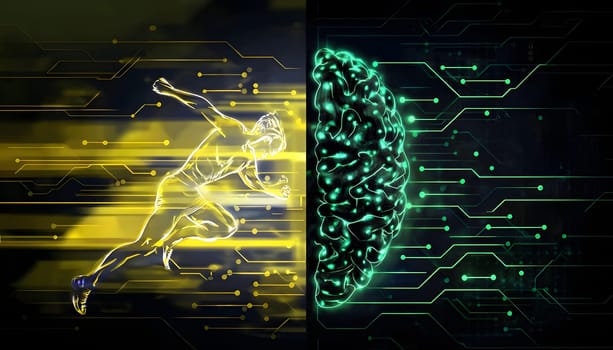 abstract brain split into two halves, one side athletic motion, the other side neural network