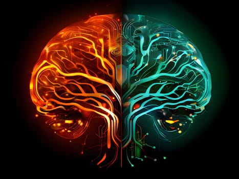 abstract brain split into two halves, one side athletic motion, the other side neural network