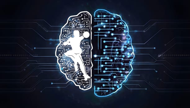 abstract brain split into two halves, one side athletic motion, the other side neural network
