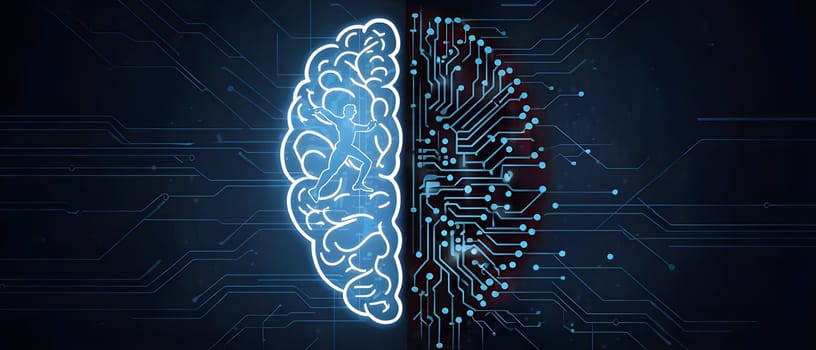 abstract brain split into two halves, one side athletic motion, the other side neural network