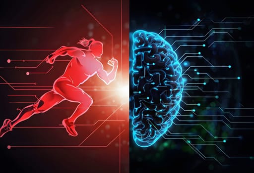 abstract brain split into two halves, one side athletic motion, the other side neural network
