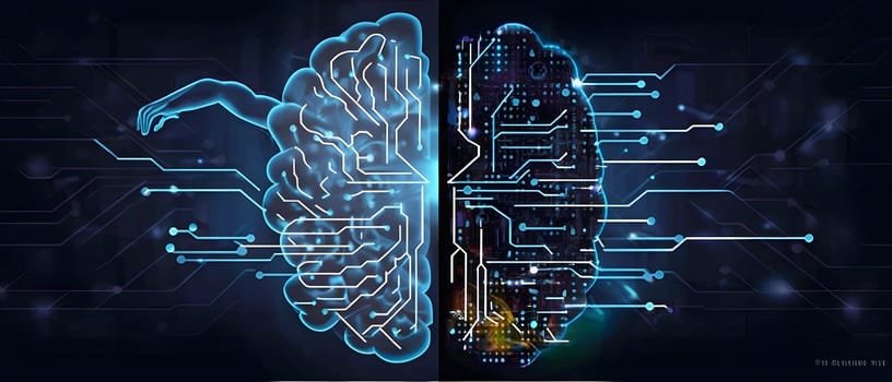 abstract brain split into two halves, one side athletic motion, the other side neural network