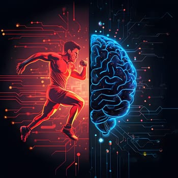 abstract brain split into two halves, one side athletic motion, the other side neural network