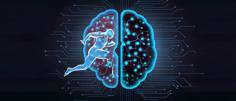 abstract brain split into two halves, one side athletic motion, the other side neural network