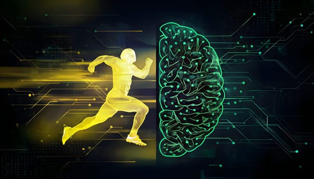 abstract brain split into two halves, one side athletic motion, the other side neural network