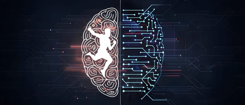 abstract brain split into two halves, one side athletic motion, the other side neural network