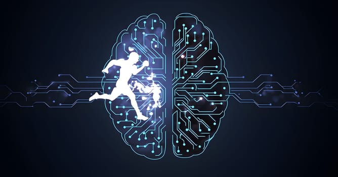 abstract brain split into two halves, one side athletic motion, the other side neural network