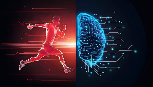 abstract brain split into two halves, one side athletic motion, the other side neural network