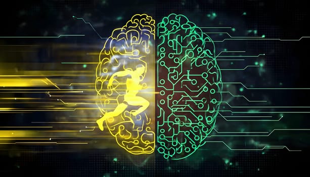 abstract brain split into two halves, one side athletic motion, the other side neural network