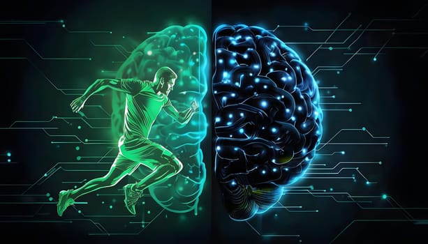 abstract brain split into two halves, one side athletic motion, the other side neural network