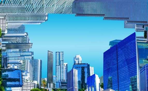 Downtown Miami cityscape view with condos and office buildings against blue sky. Collage