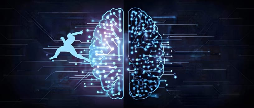 abstract brain split into two halves, one side athletic motion, the other side neural network