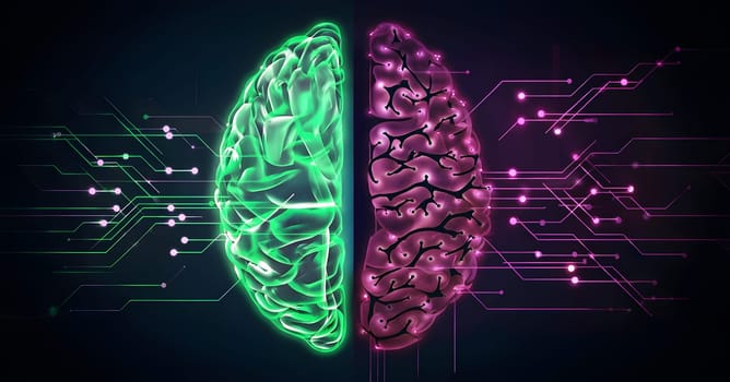 abstract brain split into two halves, one side athletic motion, the other side neural network