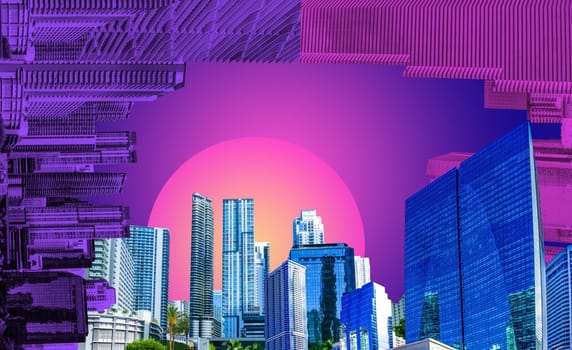 Collage about Miami, Florida, United States of America. It is world famous travel location. Downtown Miami cityscape view with condos and office buildings against blue sky