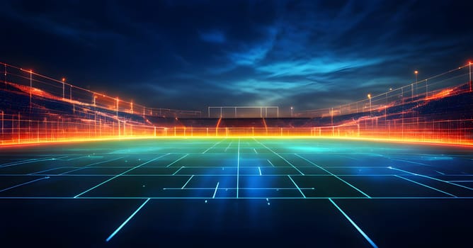 sports field with pixelated neural network lines crossing over