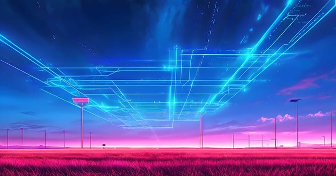 sports field with pixelated neural network lines crossing over