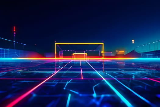 sports field with pixelated neural network lines crossing over