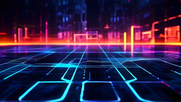 sports field with pixelated neural network lines crossing over