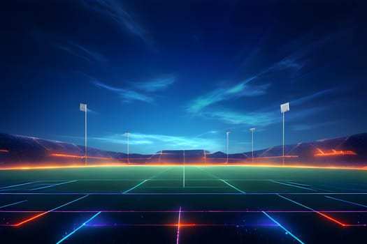 sports field with pixelated neural network lines crossing over