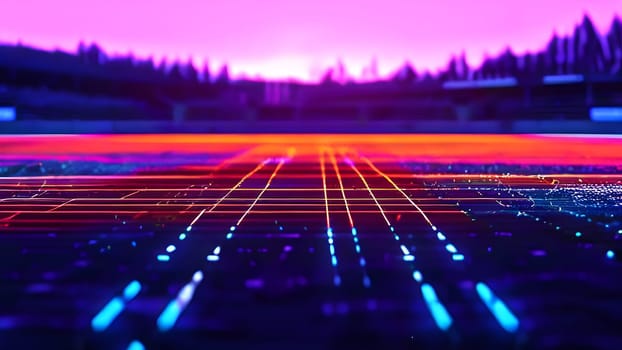 sports field with pixelated neural network lines crossing over