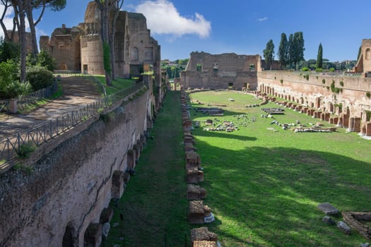 Hippodrome of Domitian on the Palatine Hill, view of the ruins of several important ancient  buildings. It is one of the oldest parts of the city, Rome, Italy