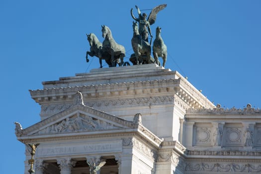 Rome, Italy - October 8, 2020: Victor Emmanuel II Monument (Monumento Nazionale a Vittorio Emanuele II) on Venetian Square and The Quadriga of Unity at the top of Propylaea