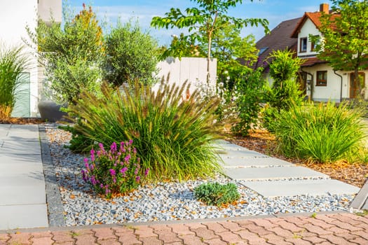 Frontyard of a modern house, garden details with colorful plants, dry grass beds surrounded by grey rocks.