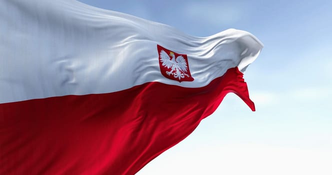 Close-up of Poland national flag waving in the wind on a clear day. Two horizontal white and red stripes with coat of arms. 3d illustration render. Rippling fabric.