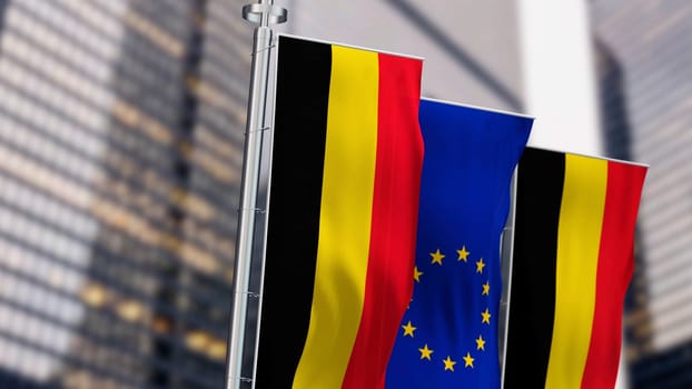 Belgium and European Union flags waving together on a clear day. Democracy and politics. European country. 3d illustration render. Fluttering fabric. Selective focus