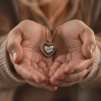 Elderly caucasian hands holding heart-shaped locket with family photo.