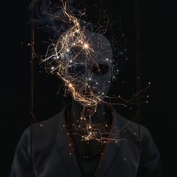Futuristic female portrait with abstract neural network and light trails.