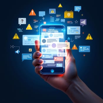 Hand holding smartphone with digital notification icons and alerts on screen.
