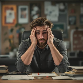 Frustrated caucasian young male at work desk in office setting.