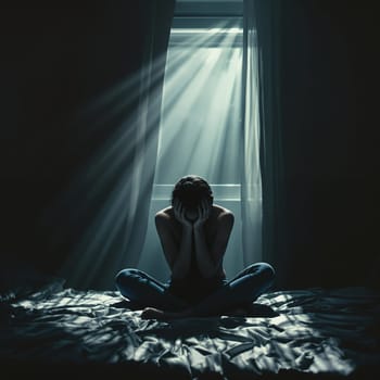 Young caucasian female sitting on bed in dark room with sunlight through window.