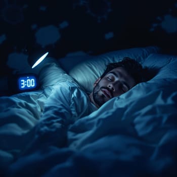 Young caucasian male sleeping at 3 am with soft lighting and digital alarm clock.