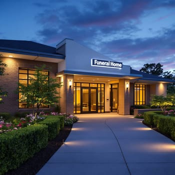 Elegant funeral home exterior at dusk with illuminated sign and landscaping.