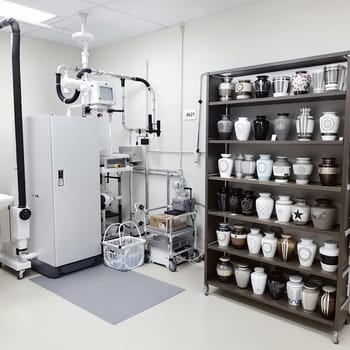 Modern crematorium room with equipment and urns displayed on shelving.