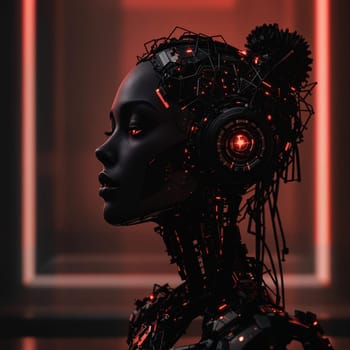 Futuristic female android with intricate black and red design in neon lighting.